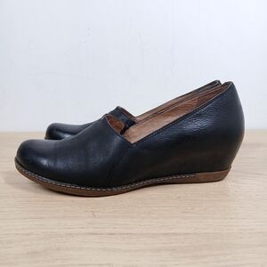 Dansko Black Leather Wedge Loafers